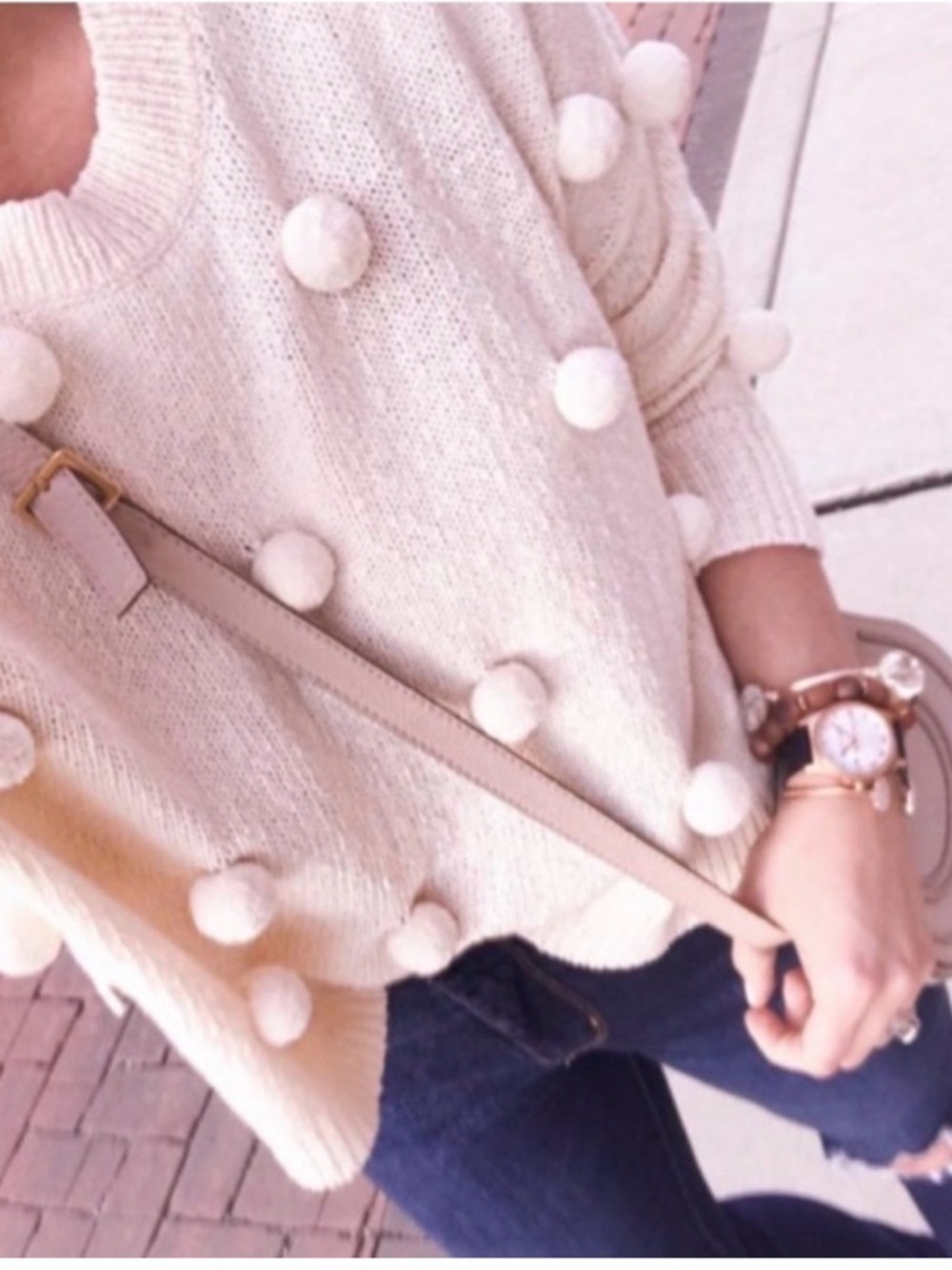 Madewell Pom-Pom Cream Pullover Crew Neck Sweater